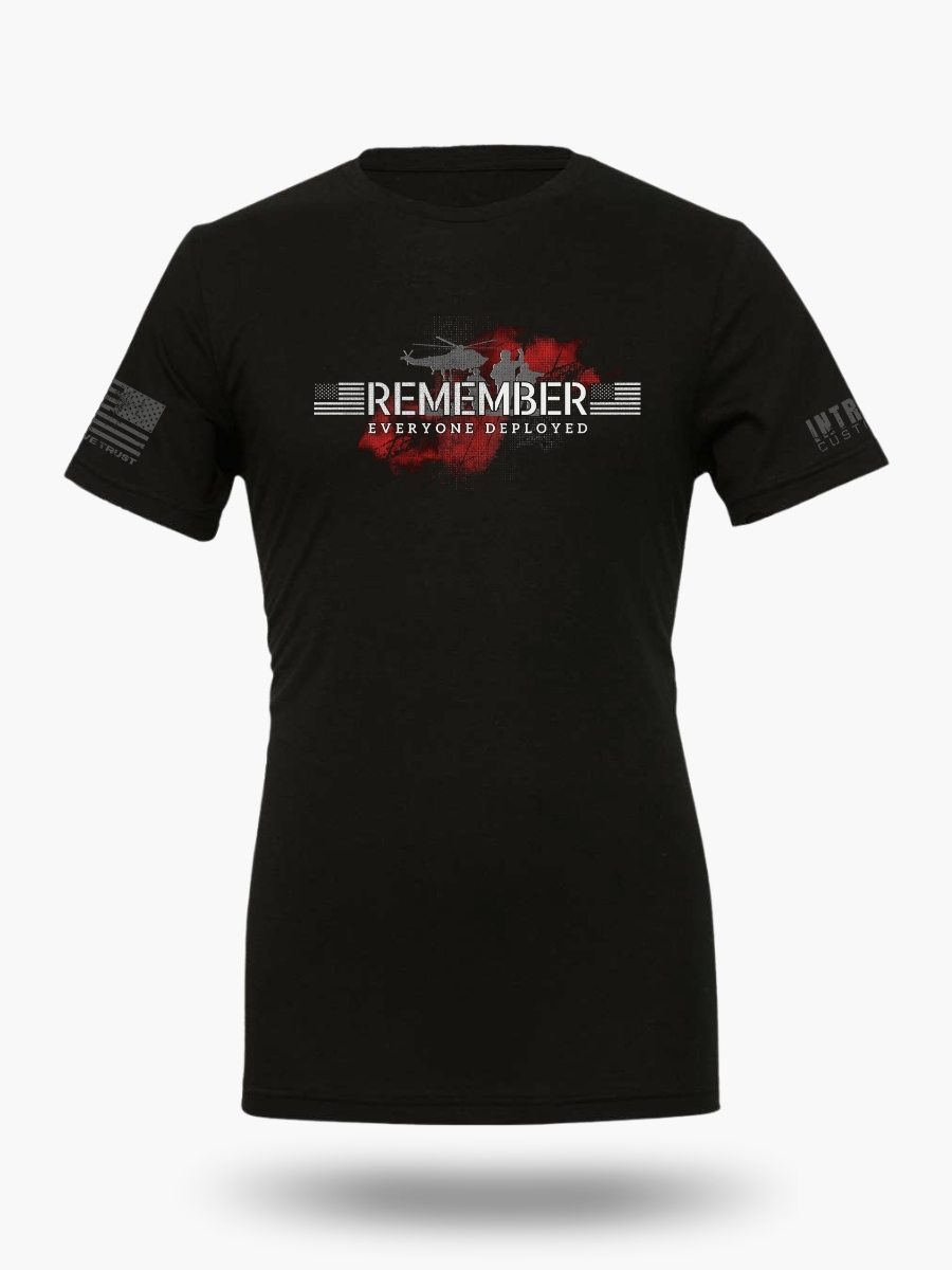 Remember Everyone Deployed RED T-Shirt &acirc; Military Support with Helicopter & Soldier Silhouette. Front view.