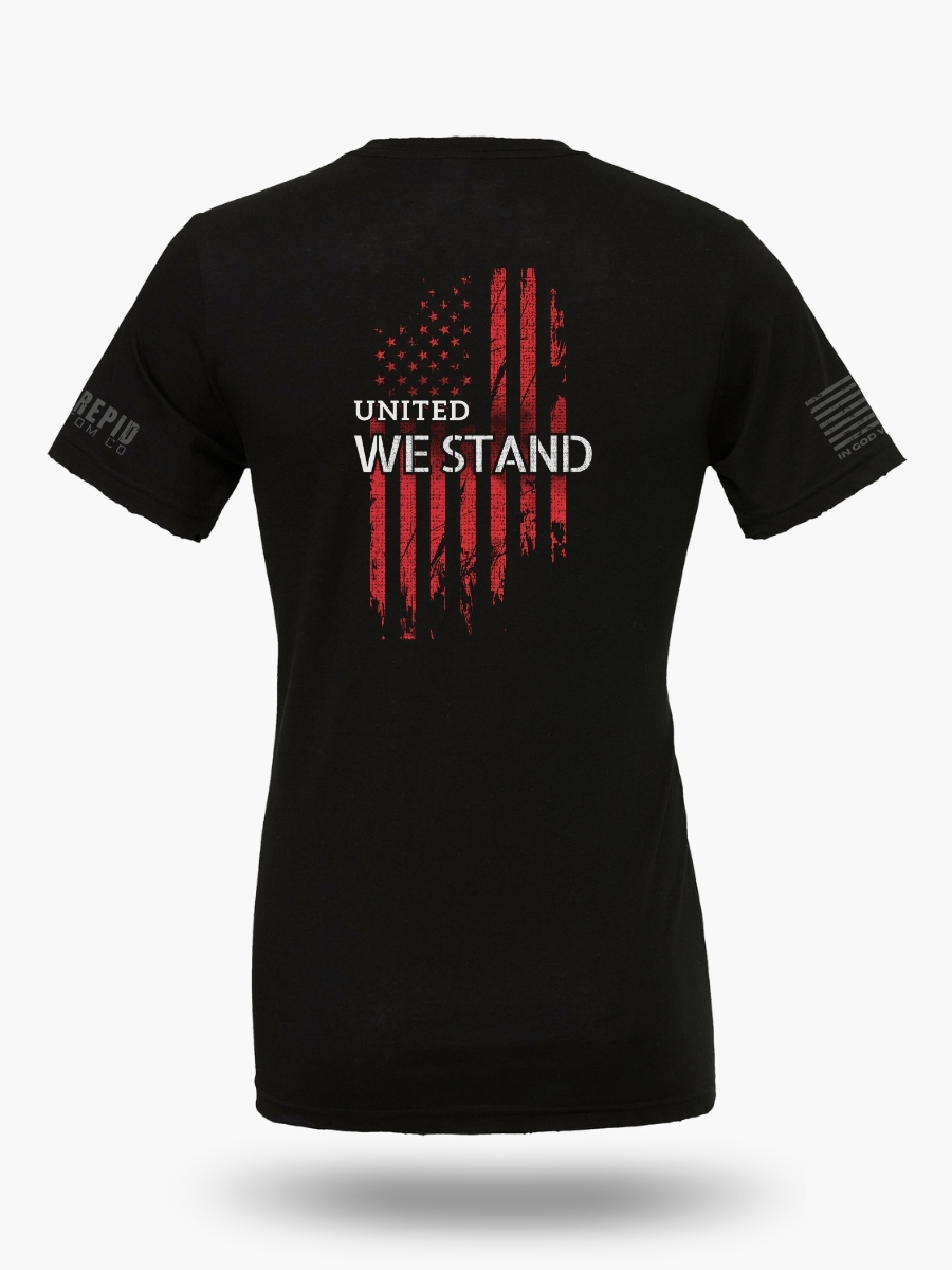 Remember Everyone Deployed RED T-Shirt &acirc; Military Support with American flag and United We Stand text. Back view.