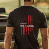 Remember Everyone Deployed RED T-Shirt &acirc; Military Support with Amerircan flag and United We Stand text. Back view.