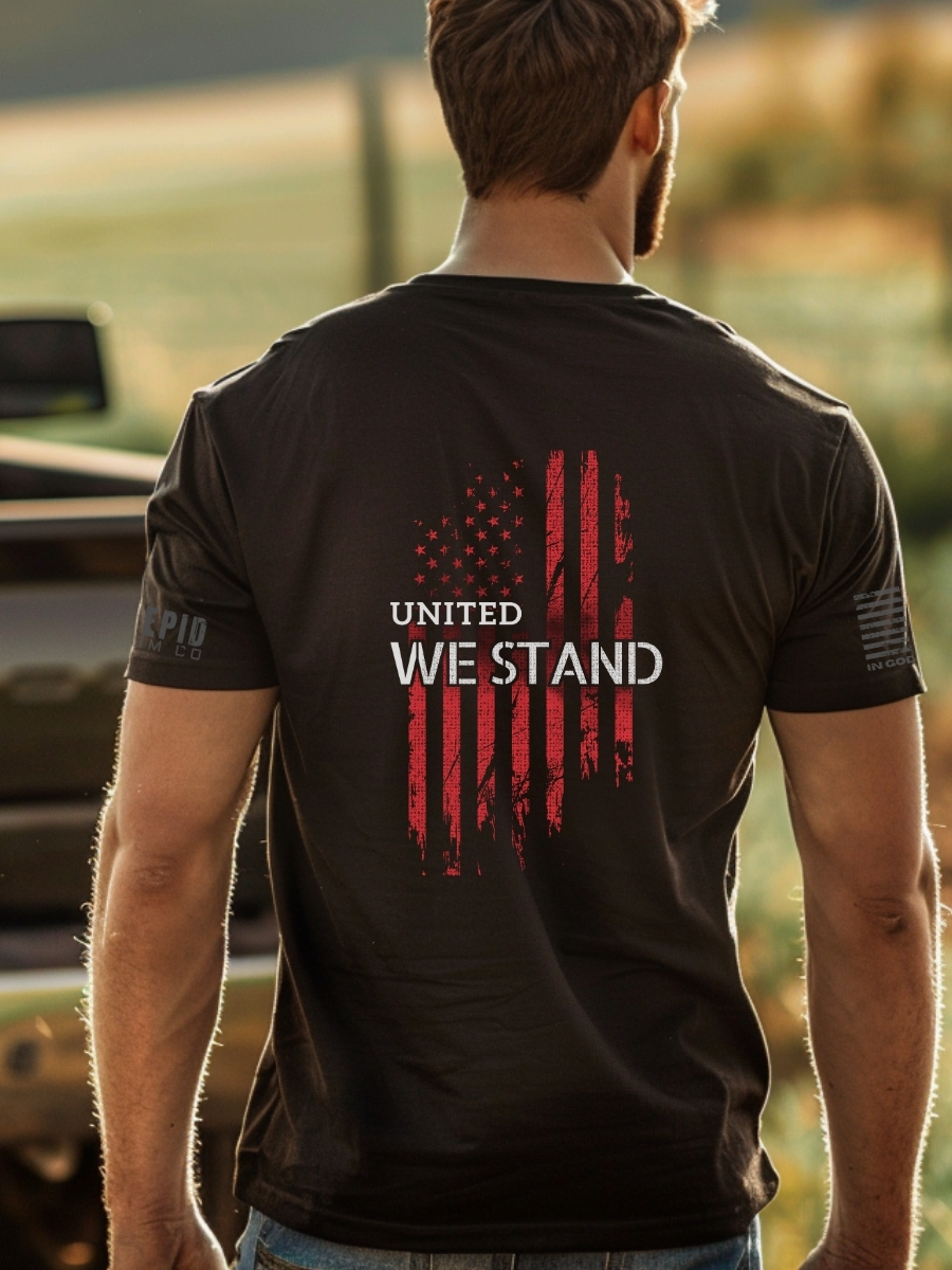 Remember Everyone Deployed RED T-Shirt &acirc; Military Support with Amerircan flag and United We Stand text. Back view.