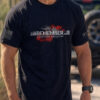 Remember Everyone Deployed RED T-Shirt &acirc; Military Support with Helicopter & Soldier Silhouette. Front view.