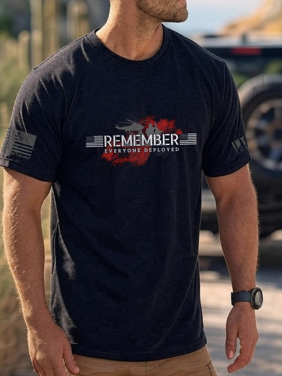 Remember Everyone Deployed RED T-Shirt &acirc; Military Support with Helicopter & Soldier Silhouette. Front view.