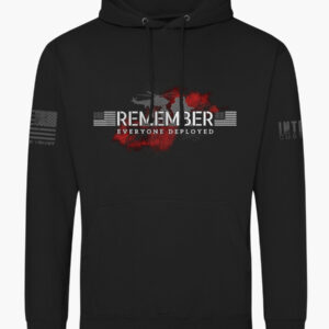 Remember Everyone Deployed RED Hoodie – Military Support with Helicopter & Soldier Silhouette. Front view.