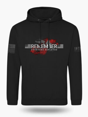 Remember Everyone Deployed RED Hoodie – Military Support with Helicopter & Soldier Silhouette. Front view.