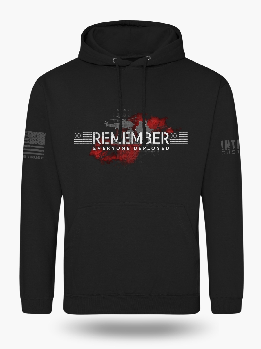 Remember Everyone Deployed RED Hoodie &acirc; Military Support with Helicopter & Soldier Silhouette. Front view.