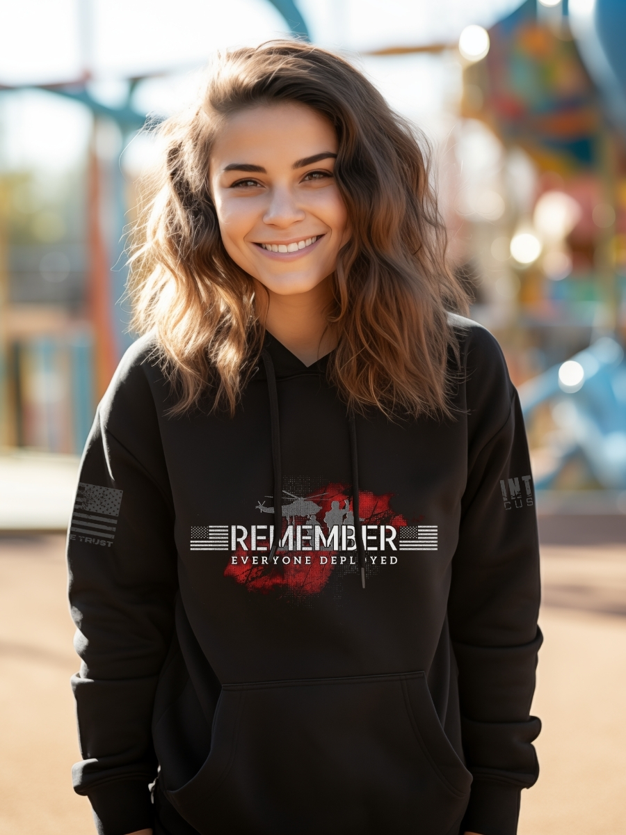 Remember Everyone Deployed RED Hoodie&acirc; Military Support with Helicopter & Soldier Silhouette