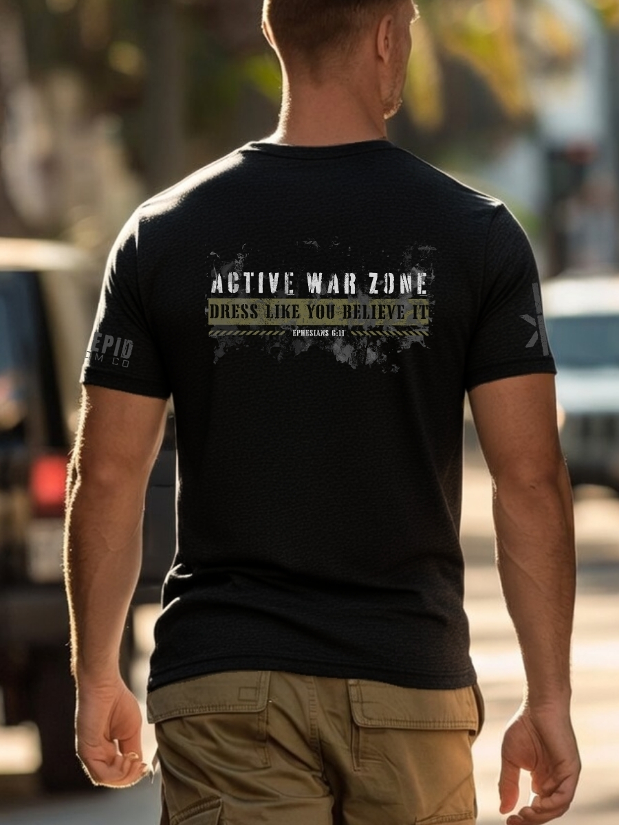 Active War Zone t-shirt &acirc; Dress Like You Believe It Christian Military Shirt Ephesians 6:11 Armor of God