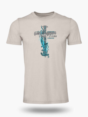 Women’s Paid In Full Christian T-Shirt – Redeemed Restored Adopted Forgiven Cross Design. Color Heather Cool Grey.