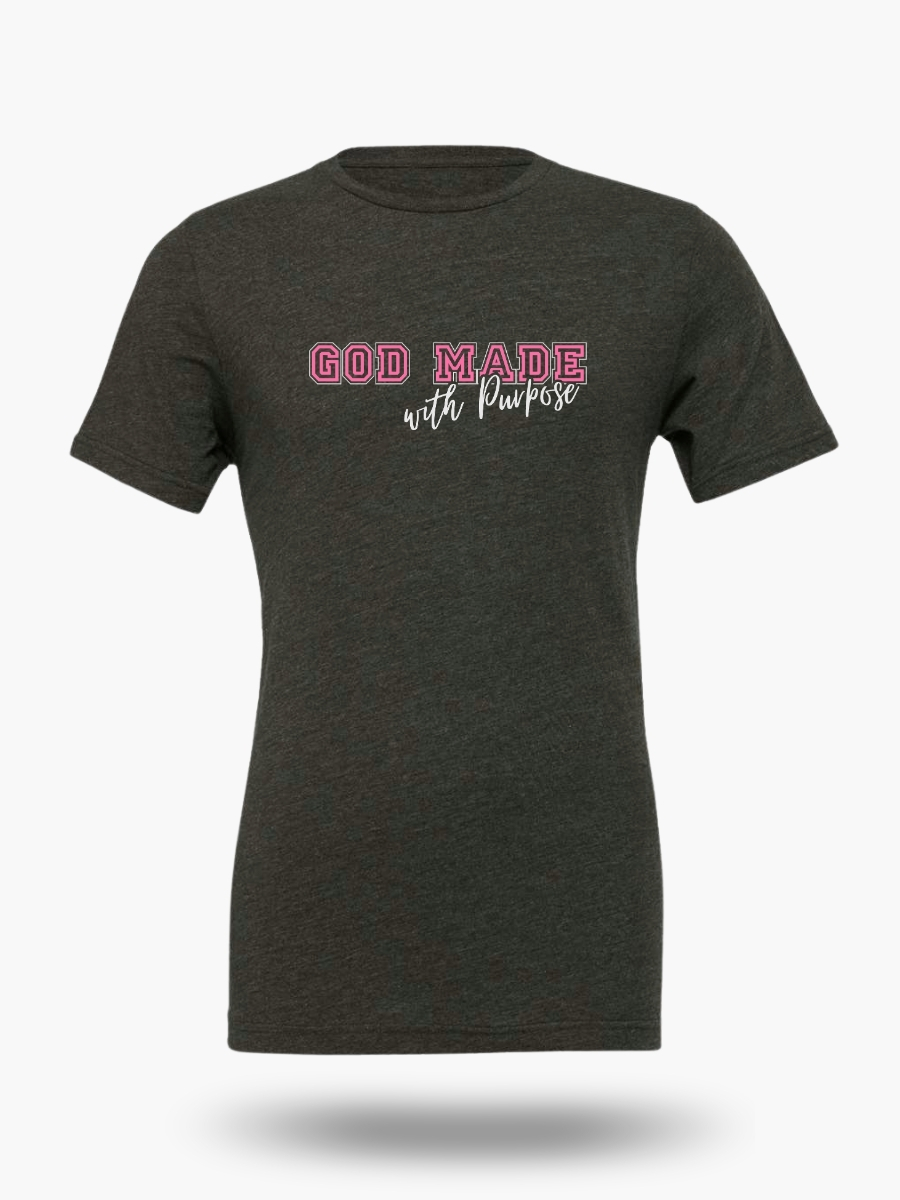 Elegant women&acirc;s Christian t-shirt features a beautiful ornate cross with 'We Are His Workmanship' in pink script and the full Ephesians 2:10 verse. Front design reads 'God Made With Purpose'. A graceful daily reminder of your identity in Christ. Color Dark Heather Grey.