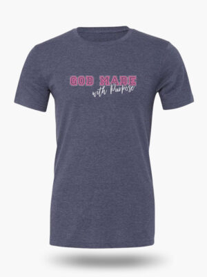 Elegant women’s Christian t-shirt features a beautiful ornate cross with 'We Are His Workmanship' in pink script and the full Ephesians 2:10 verse. Front design reads 'God Made With Purpose'. A graceful daily reminder of your identity in Christ. Color Heather Navy.