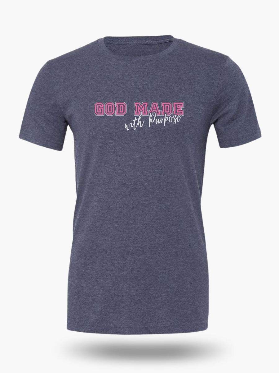 Elegant women&acirc;s Christian t-shirt features a beautiful ornate cross with 'We Are His Workmanship' in pink script and the full Ephesians 2:10 verse. Front design reads 'God Made With Purpose'. A graceful daily reminder of your identity in Christ. Color Heather Navy.
