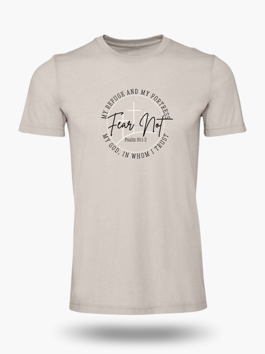 Fear Not Christian t-shirt &acirc; daily faith reminder apparel with Psalm 91. Color Heather Cool Grey.