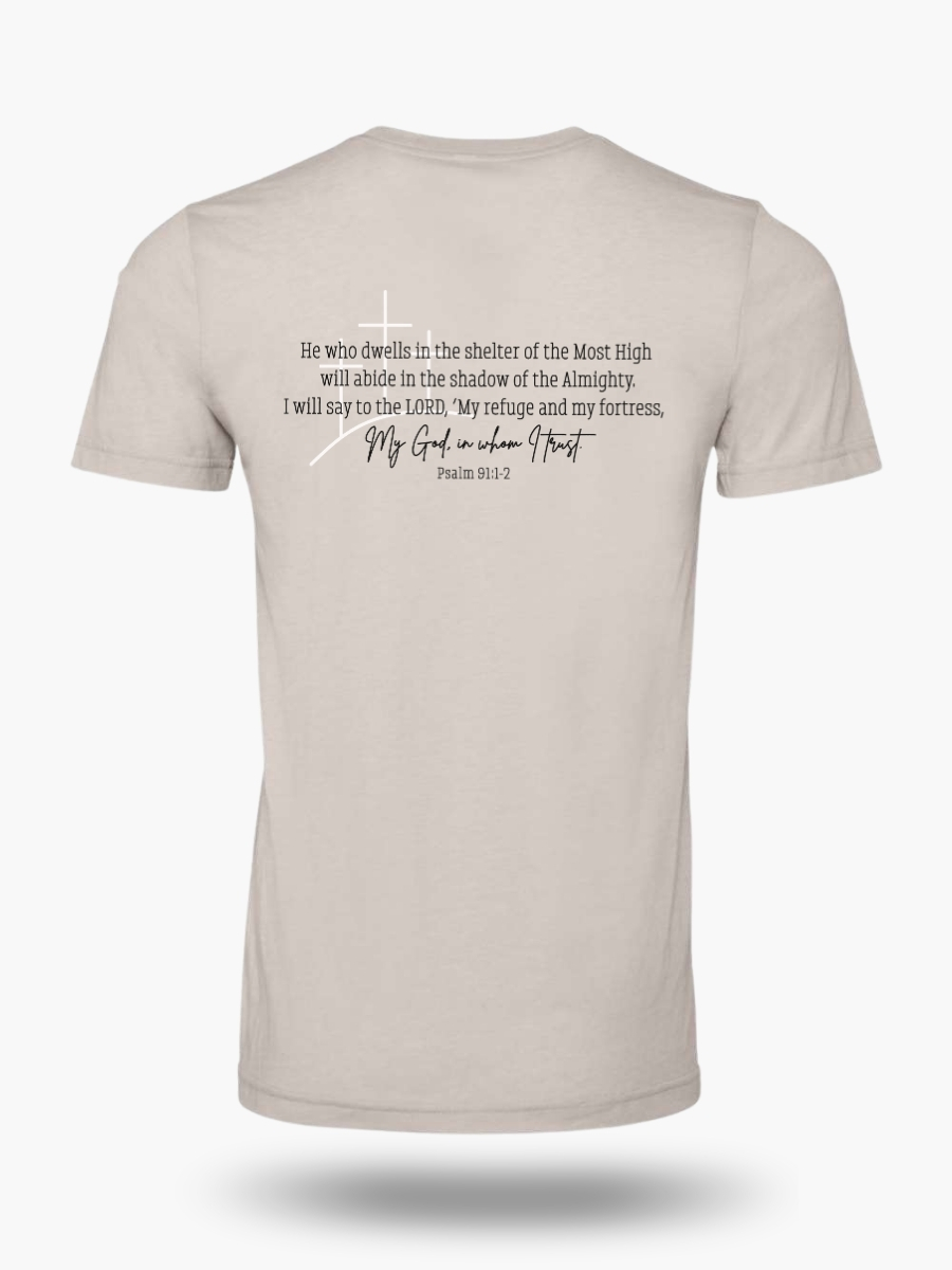 Fear Not Psalm 91 Bible verse Christian t-shirt &acirc; inspirational back design. Color heather cool grey.