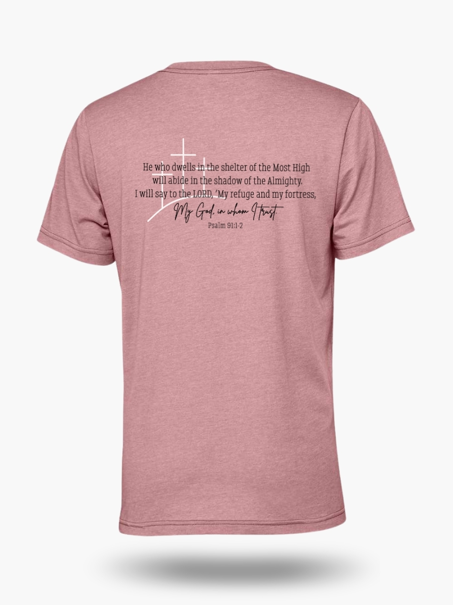 Fear Not Psalm 91 Bible verse Christian t-shirt &acirc; inspirational back design. Color heather cool grey.