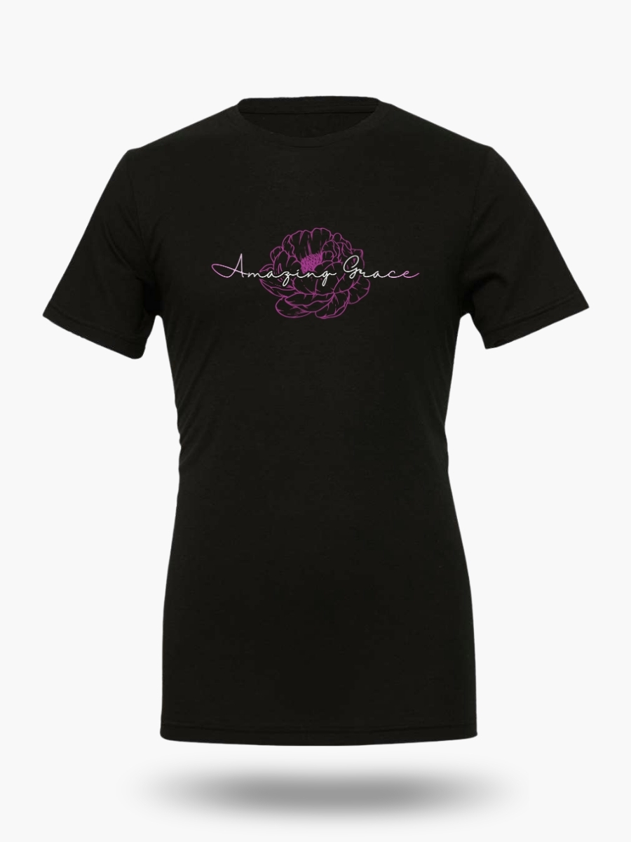 Amazing Grace Christian t-shirt with elegant floral script design on black