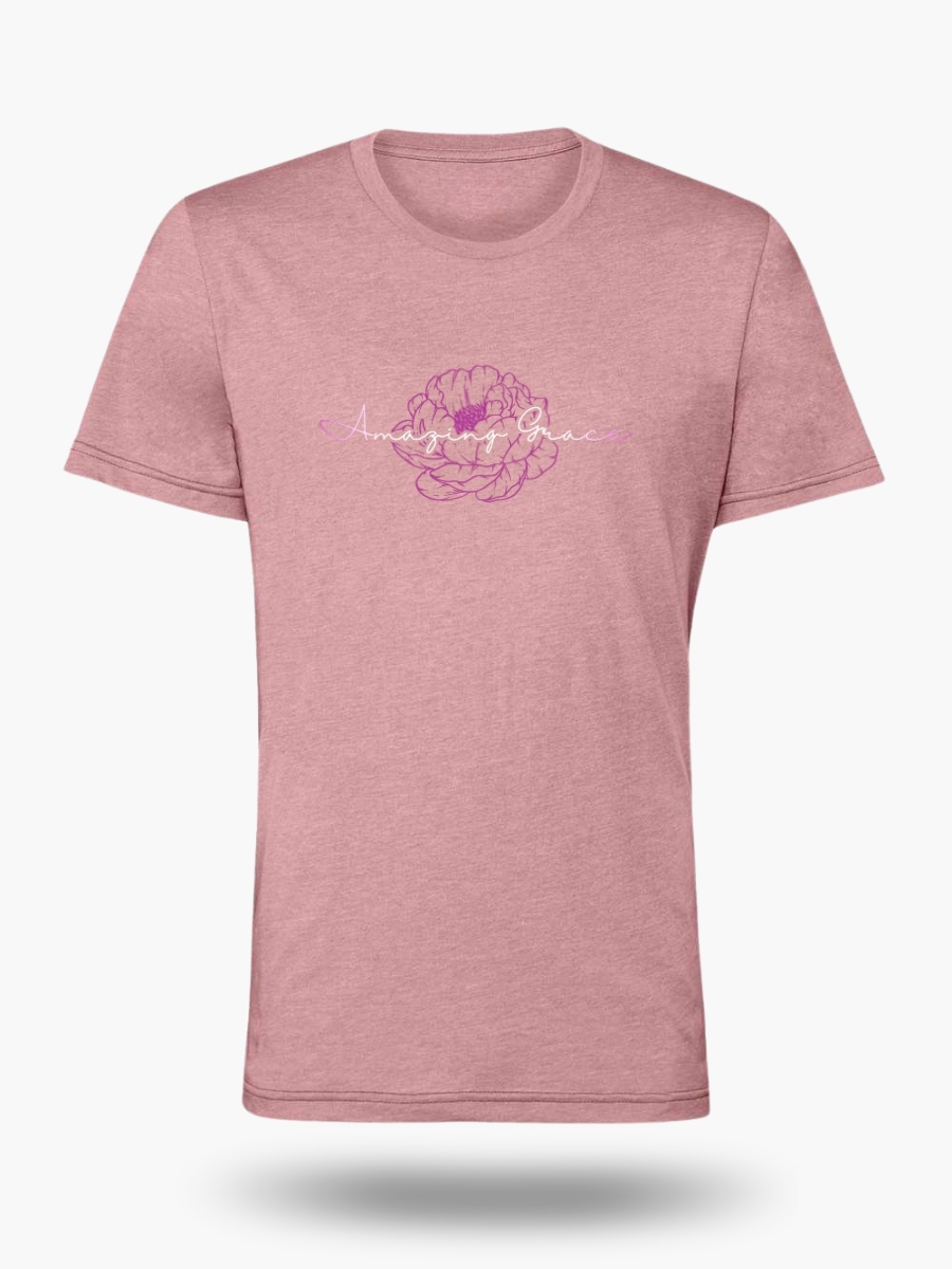 Amazing Grace Christian t-shirt with elegant floral script design on heather orchid.