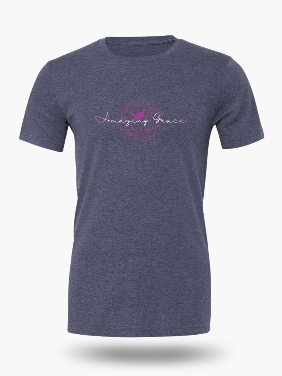 Amazing Grace Christian t-shirt with elegant floral script design on heather navy.