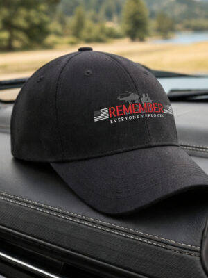 Remember Everyone Deployed RED Hat – Military Support Baseball Cap with Helicopter & Soldier Silhouette