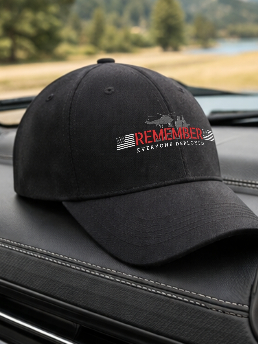 Remember Everyone Deployed RED Hat &acirc; Military Support Baseball Cap with Helicopter & Soldier Silhouette