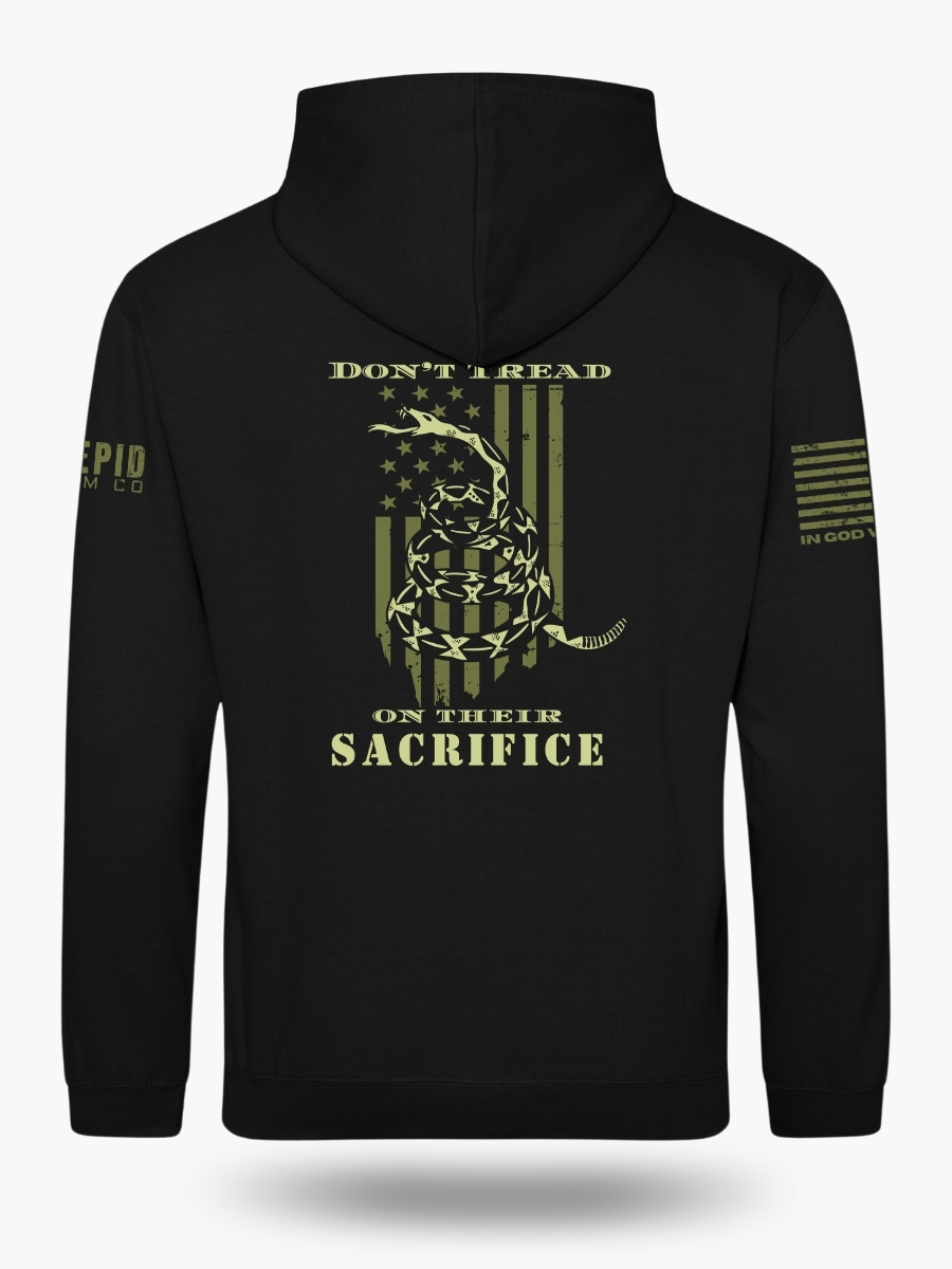 Don't Tread On Their Sacrifice Gadsden flag hoodie, military honor design with American flag and snake