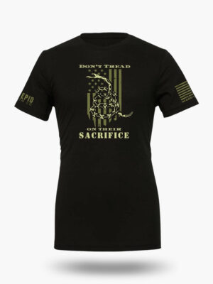 Don't Tread On Their Sacrifice Gadsden flag t-shirt, military honor design with American flag and snake