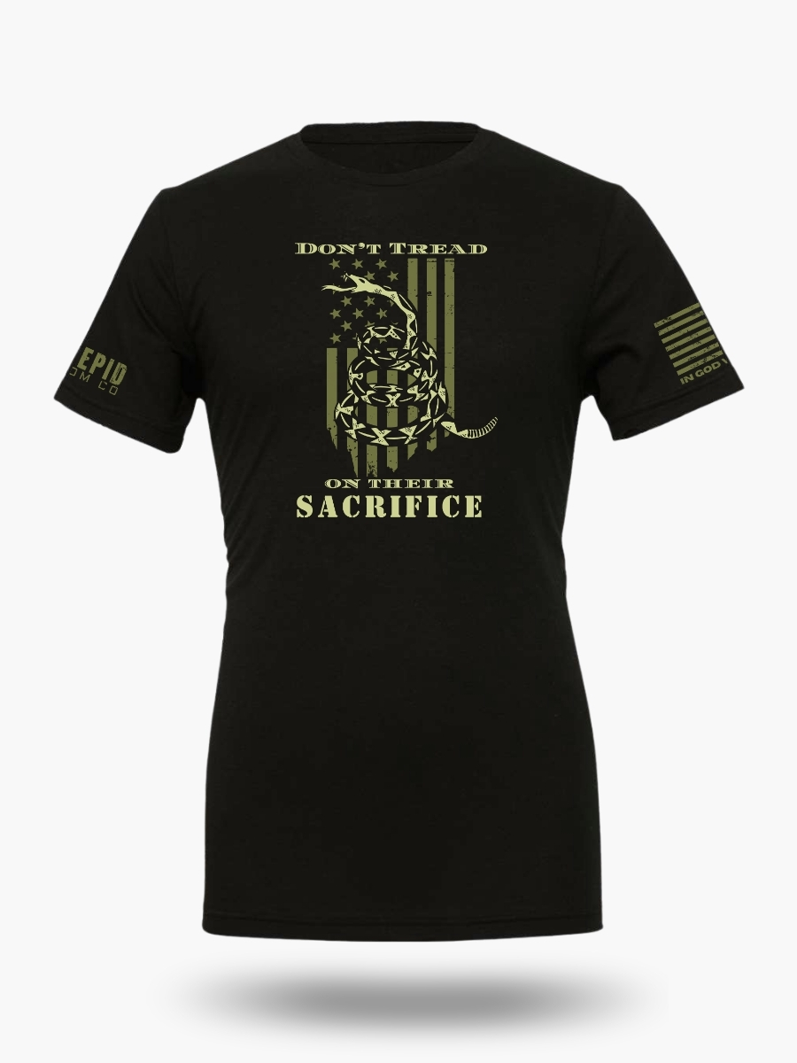 Don't Tread On Their Sacrifice Gadsden flag t-shirt, military honor design with American flag and snake