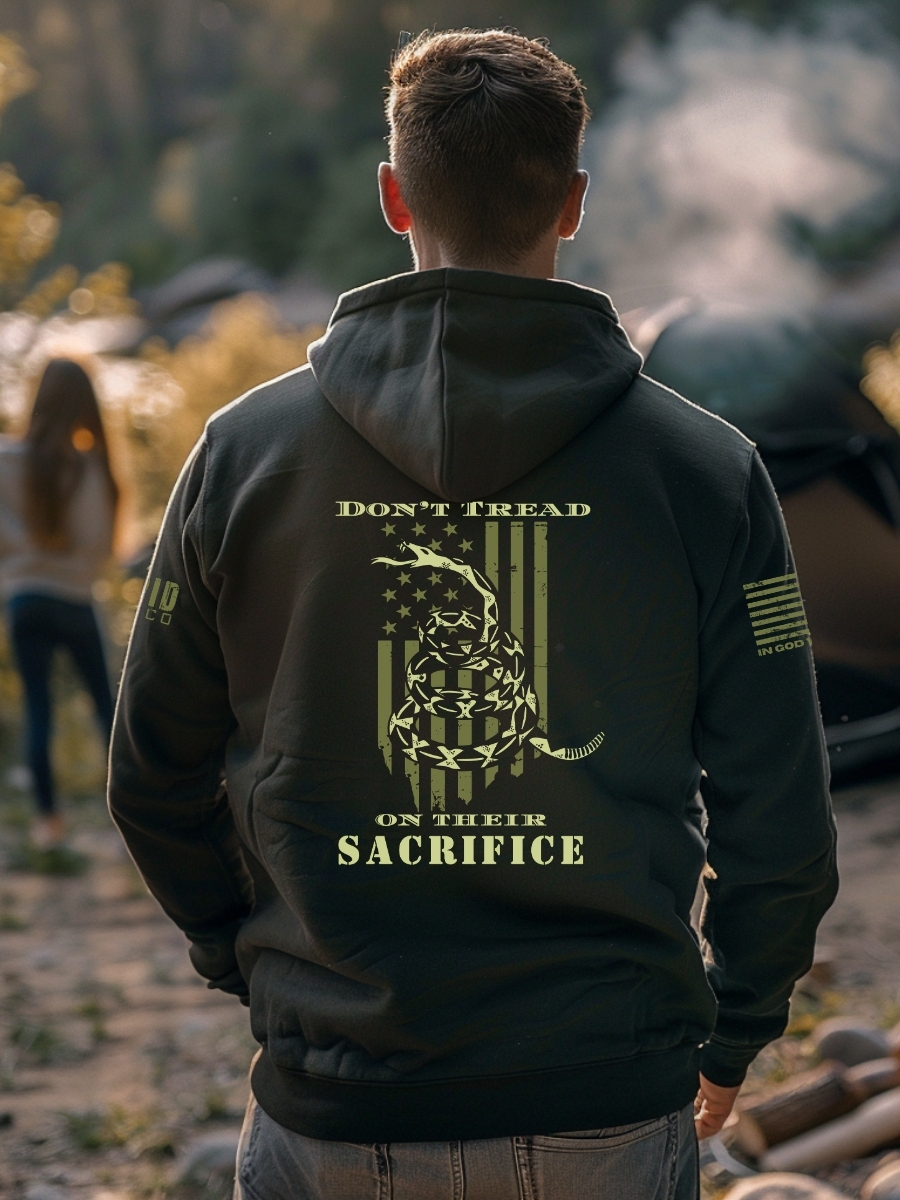 Don't Tread On Their Sacrifice Gadsden flag hoodie, military honor design with American flag and snake