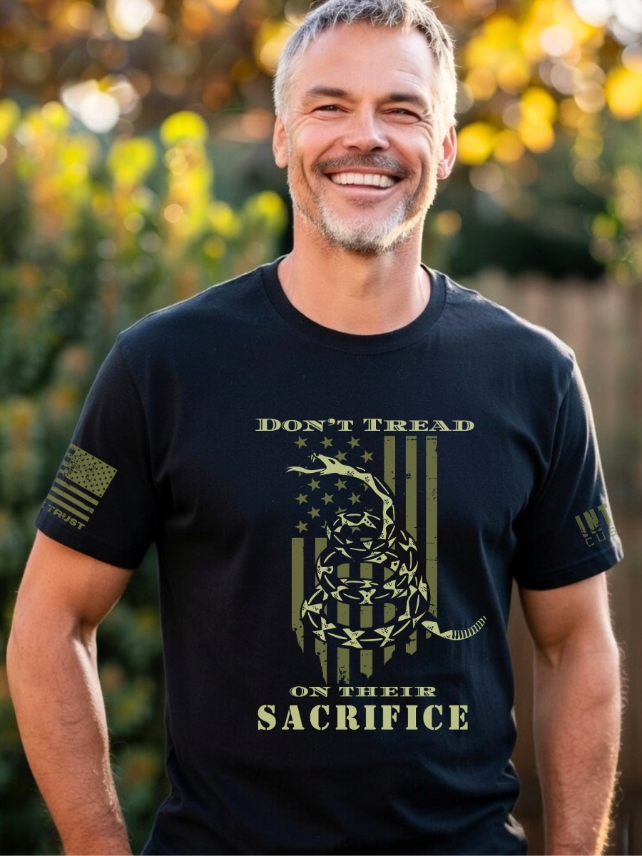 Don't Tread On Their Sacrifice Gadsden flag t-shirt, military honor design with American flag and snake